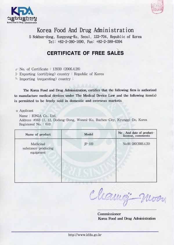 KFDA-certificate Certifiering från Koreanska FDA
